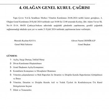 Sendikamız 4.Olağan Genel Kurul Duyurusu